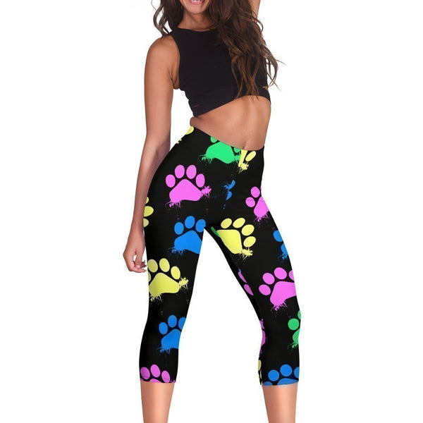 Colorful paws Black Capri Leggings-Leggings-I love Veterinary