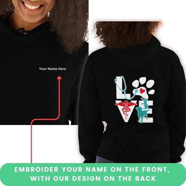 Personalized Embroidery on the front + Printed design on the back Unisex Hoodie-Unisex Hoodie | Gildan 18500-I love Veterinary