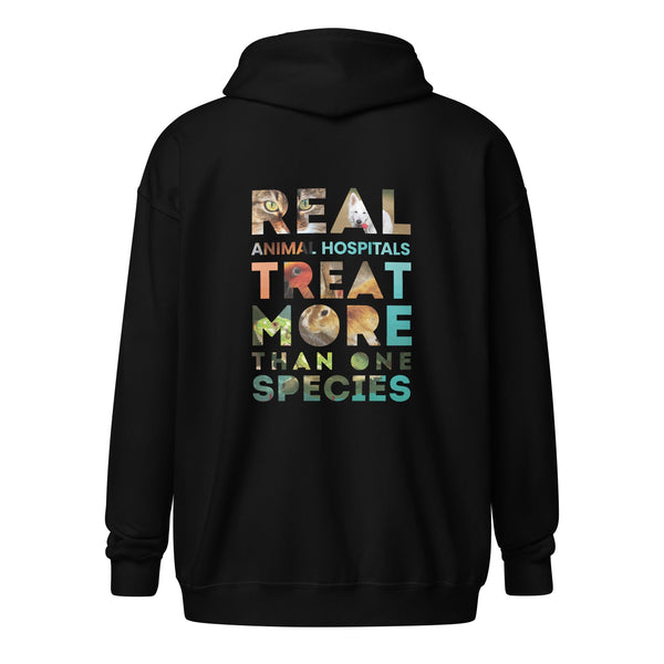 Real Animal Hospitals Treat more than one species Unisex zip hoodie-Unisex Zip Hoodie | Gildan 18600-I love Veterinary