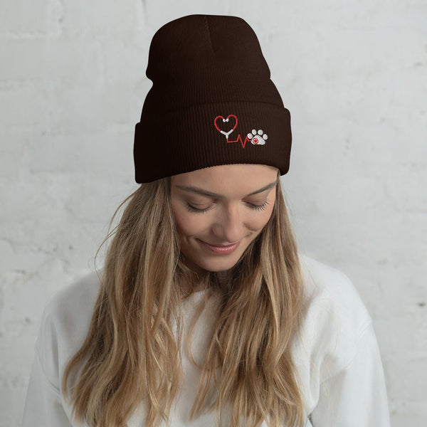 Stethoscope and paw print Embroidered Cuffed Beanie-Yupoong Cuffed Beanie 1501KC-I love Veterinary