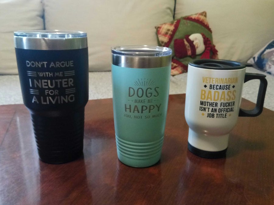 Three engraved and printed drinkware designs