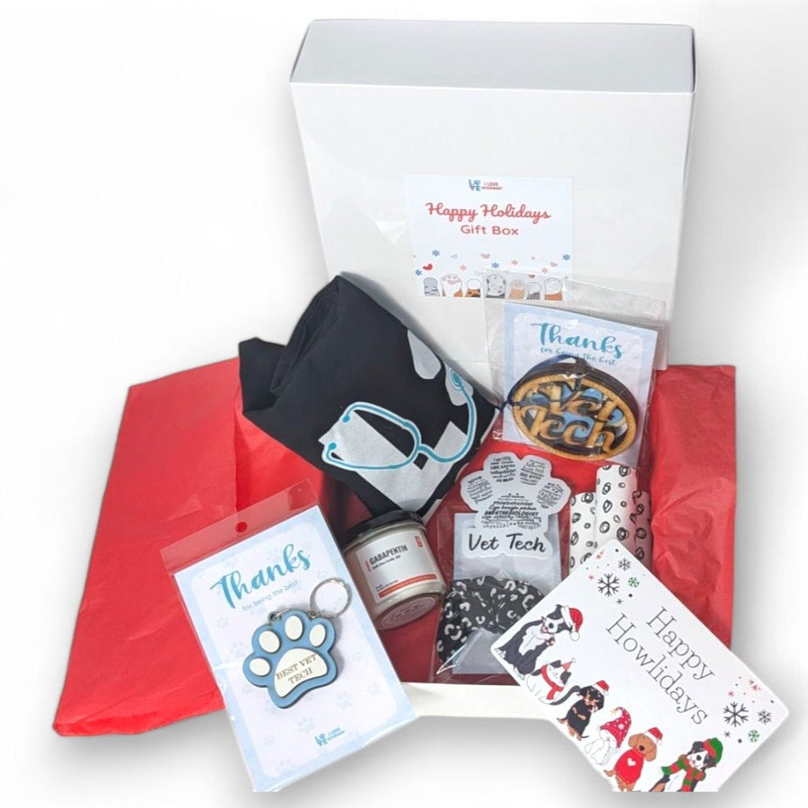 An I Love Veterinary gift box, packed