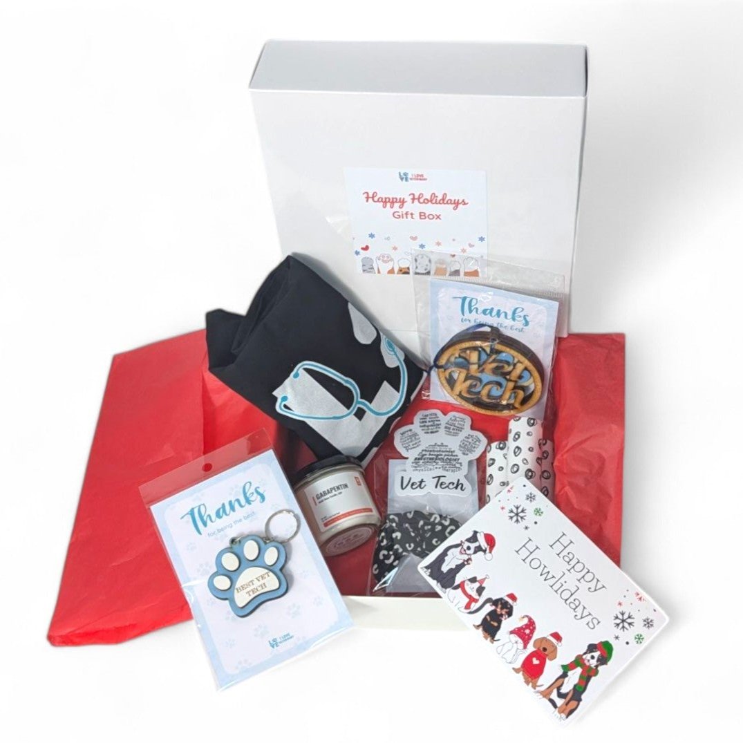 An I Love Veterinary gift box packed with a tote, a candle, stickers, a keychain and a thank-you card