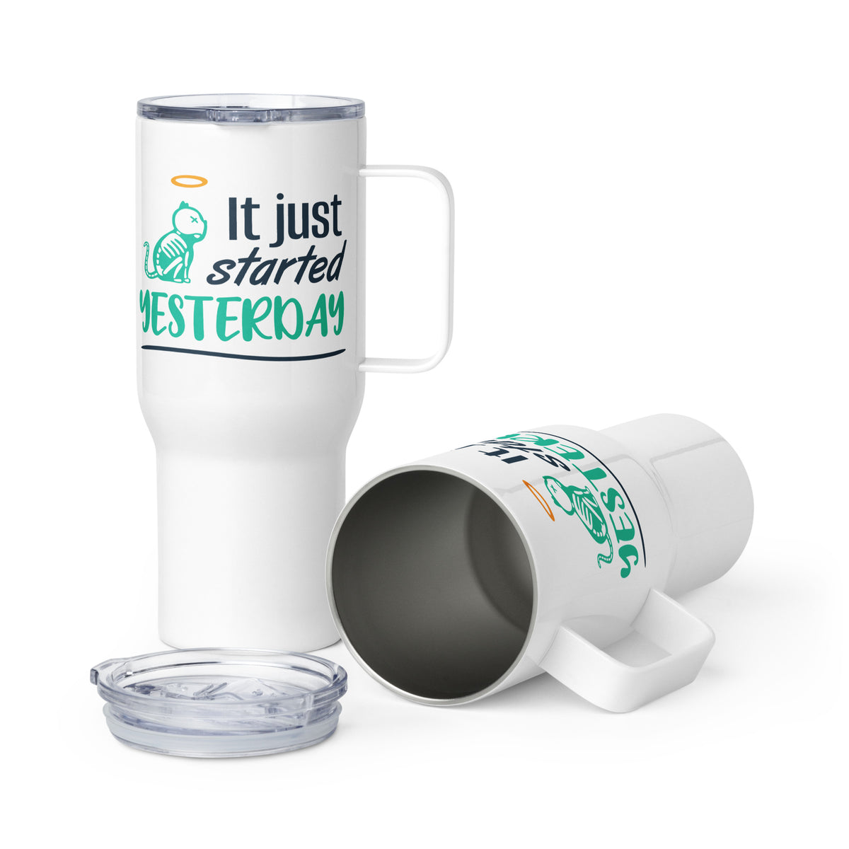 It Just Started Yesterday Travel mug with a handle-Travel Mug with a Handle-I love Veterinary