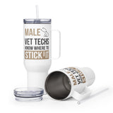 Male Vet Techs know where to stick it Travel mug with a handle-Travel Mug with a Handle-I love Veterinary