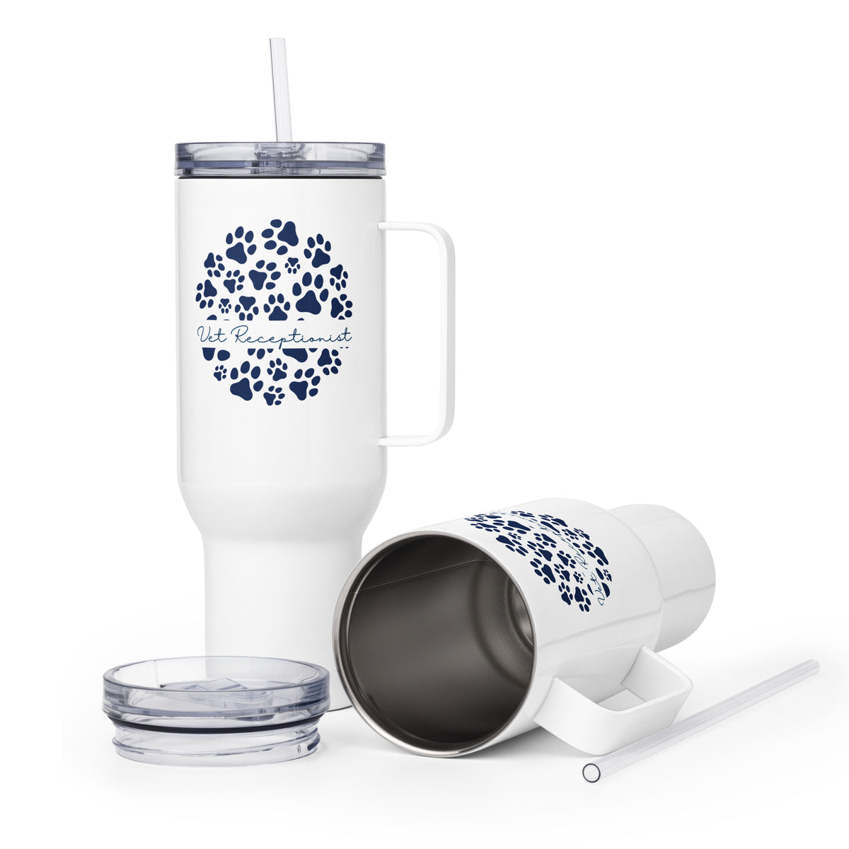 Vet Receptionist circle paws pattern Travel Mug With a Handle-I love Veterinary