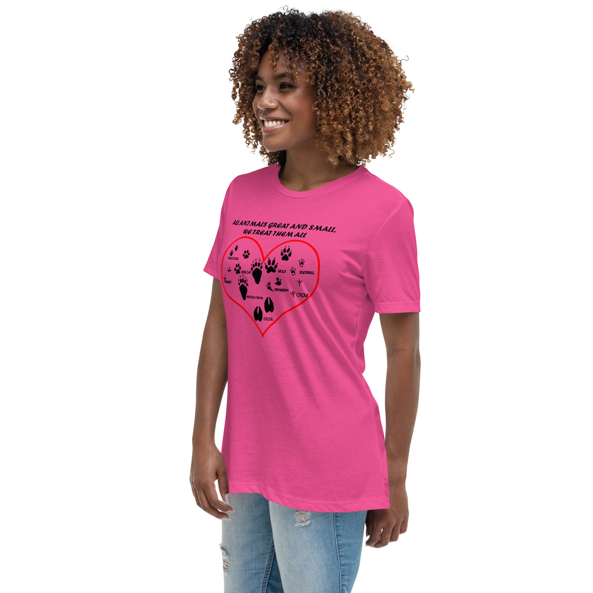 All animals great and small, we treat them all Women's Relaxed T-Shirt-Women's Relaxed T-shirt | Bella + Canvas 6400-I love Veterinary