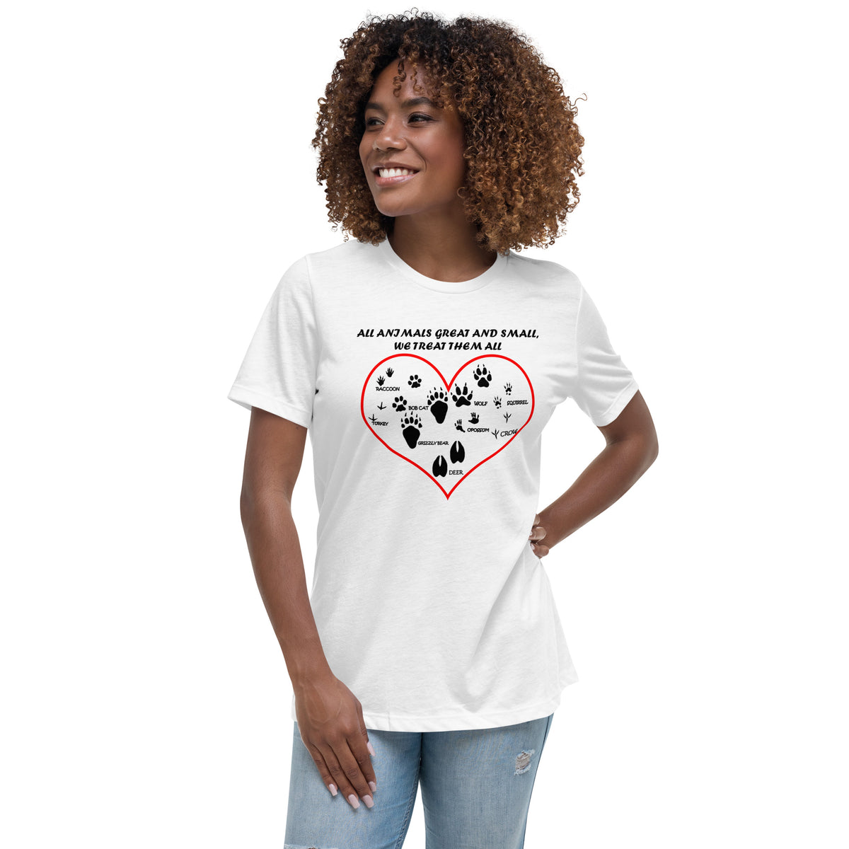 All animals great and small, we treat them all Women's Relaxed T-Shirt-Women's Relaxed T-shirt | Bella + Canvas 6400-I love Veterinary