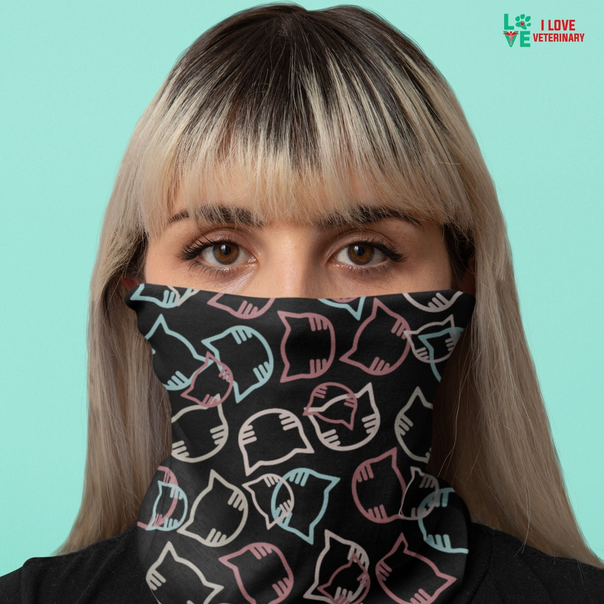 Cartoon cat heads black pattern Sublimation Neck Gaiter-Sublimation Neck Gaiter-I love Veterinary