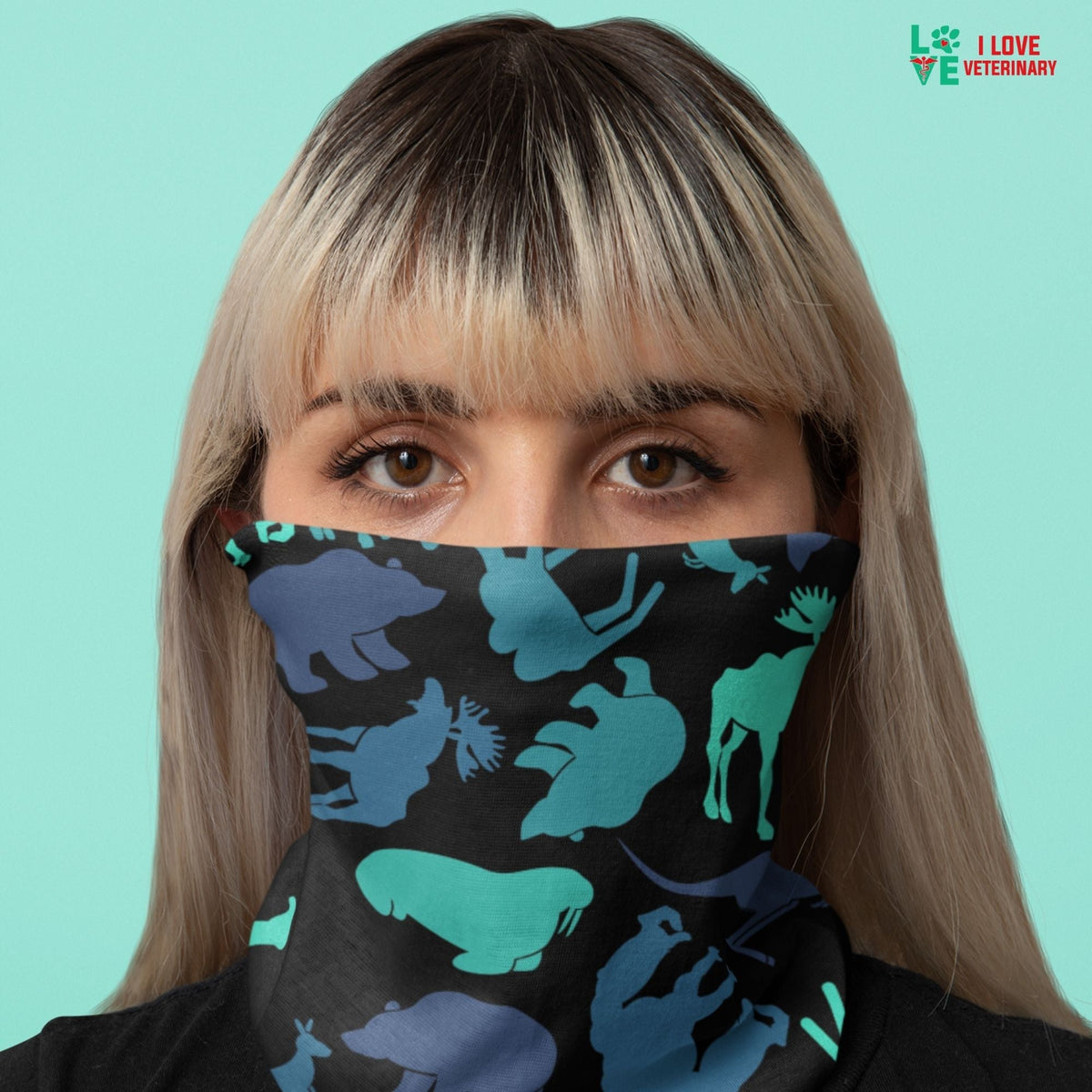Moose, bear, kangaroo black pattern Sublimation Neck Gaiter-Sublimation Neck Gaiter-I love Veterinary