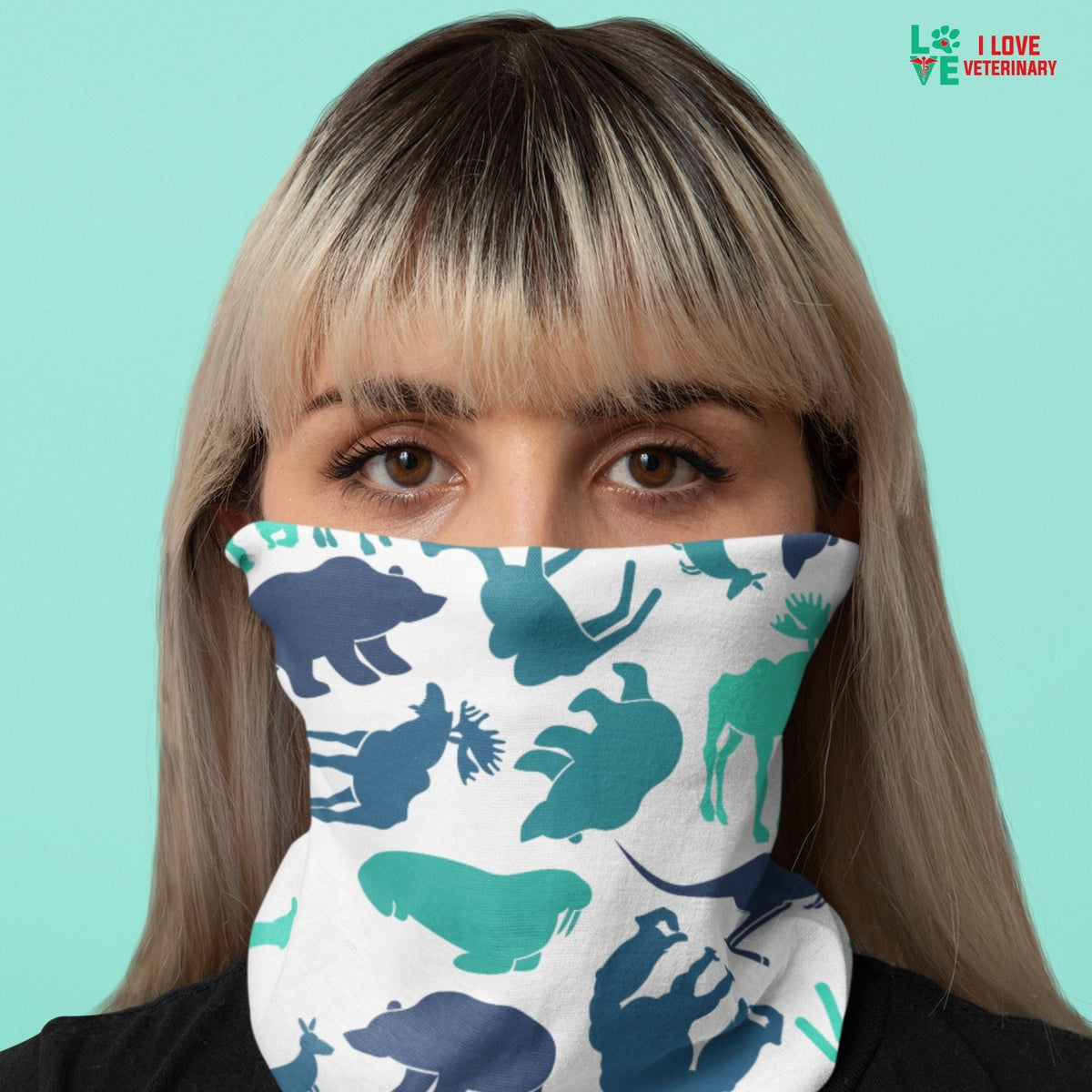 Moose, bear, kangaroo white pattern Sublimation Neck Gaiter-Sublimation Neck Gaiter-I love Veterinary