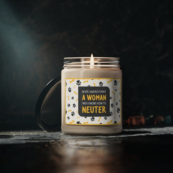 Never underestimate a woman who knows how to neuter Scented Soy Candle-Candles-I love Veterinary