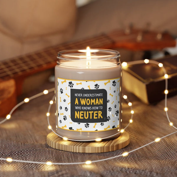 Never underestimate a woman who knows how to neuter Scented Soy Candle-Candles-I love Veterinary