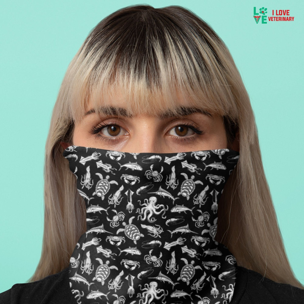 Sea world black pattern Sublimation Neck Gaiter-Sublimation Neck Gaiter-I love Veterinary