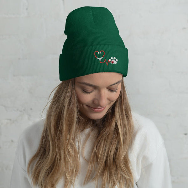 Stethoscope and paw print Embroidered Cuffed Beanie-I love Veterinary