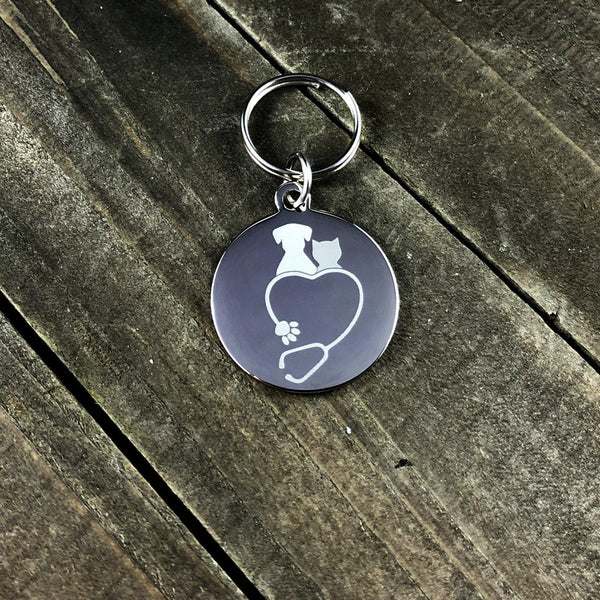 Stethoscope with dog and cat on top tag-Stethoscope tag-I love Veterinary