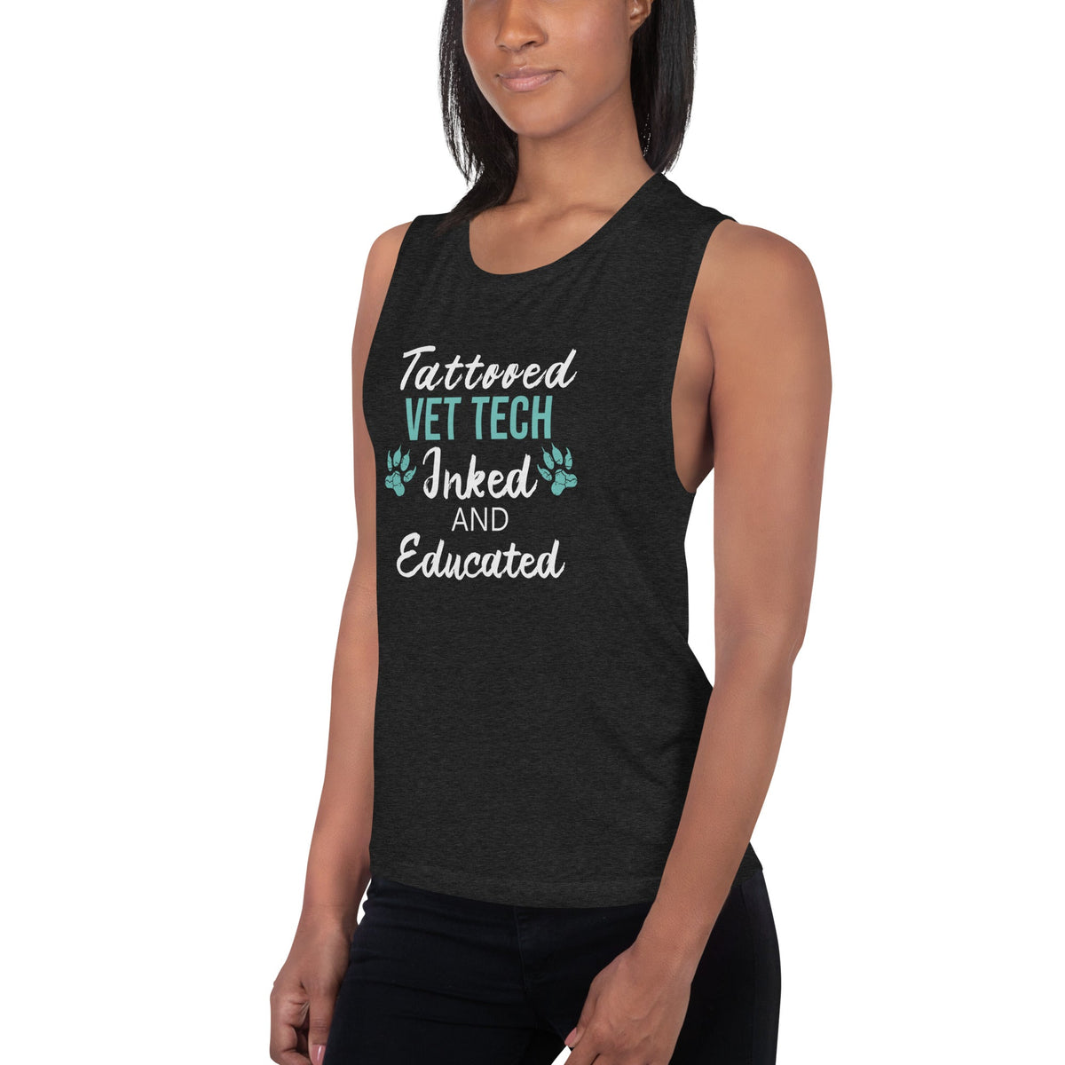 Vet Tech- Inked and Educated Women's Tank Top-Women's Flowy Muscle Tank | Bella + Canvas 8803-I love Veterinary