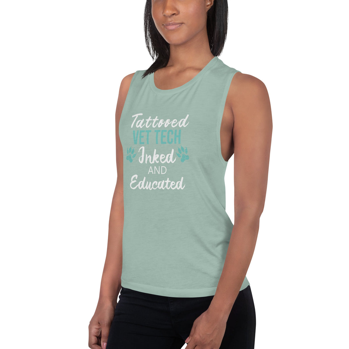 Vet Tech- Inked and Educated Women's Tank Top-Women's Flowy Muscle Tank | Bella + Canvas 8803-I love Veterinary