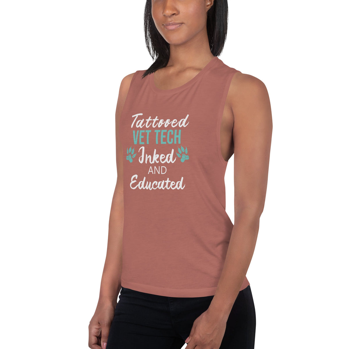 Vet Tech- Inked and Educated Women's Tank Top-Women's Flowy Muscle Tank | Bella + Canvas 8803-I love Veterinary