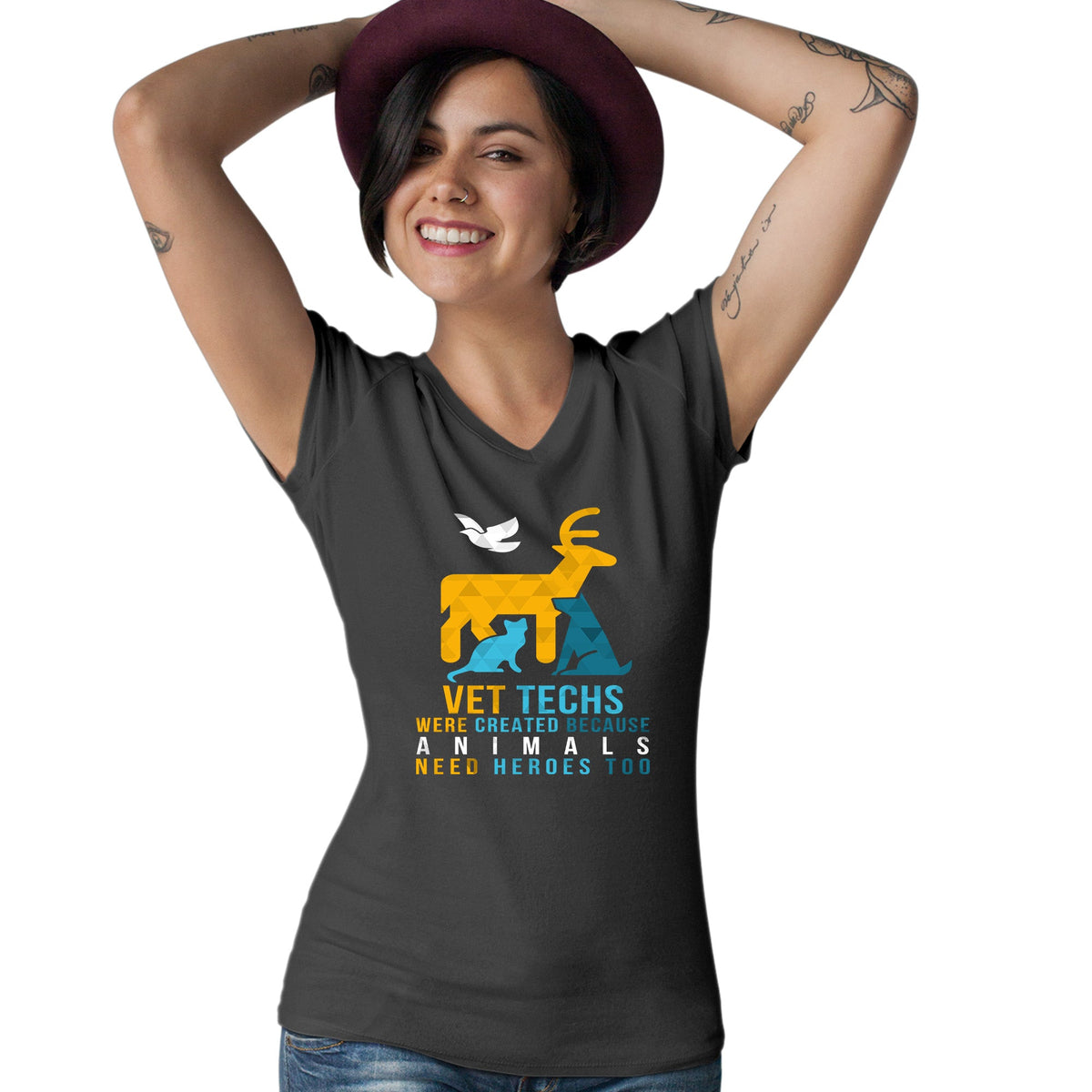 Vet Techs were created because animals need heroes too Women's V-Neck T-Shirt-Women's V-Neck T-Shirt | Fruit of the Loom L39VR-I love Veterinary