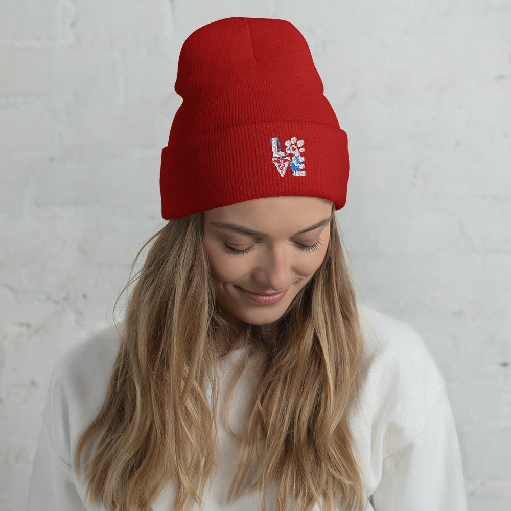 Veterinary Love Dog and Cat Embroidered Cuffed Beanie-Yupoong Cuffed Beanie 1501KC-I love Veterinary