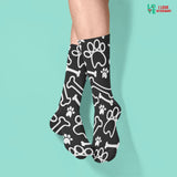 White paws and bones on black pattern Sublimation Tube Sock-Sublimation Sock-I love Veterinary