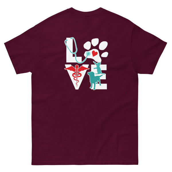 Your name embroidered on the front + Design printed on the back Unisex classic tee-I love Veterinary